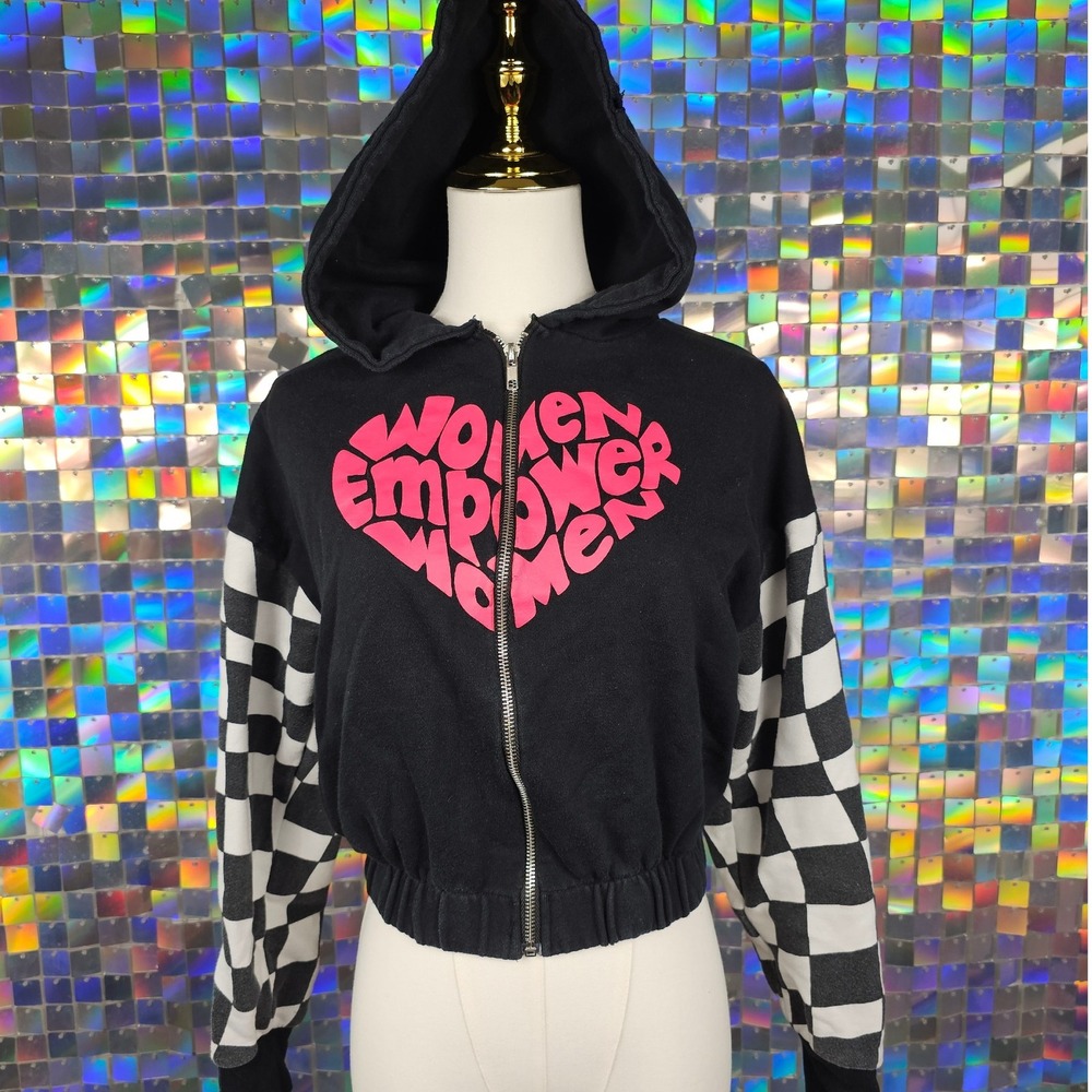 Womens Black "Women Empower Women" Zip Up Hoodie Cropped